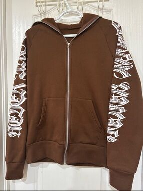 Brown Zip-Up Hoodie with White Sleeve Script